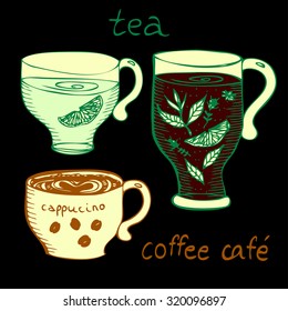 Cups of tea and coffee doodle set