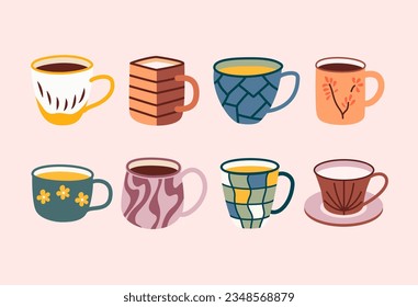 Tazas de té y café. Colección de diferentes tazas de cerámica con adornos de moda. Colores brillantes de la ilustración vectorial