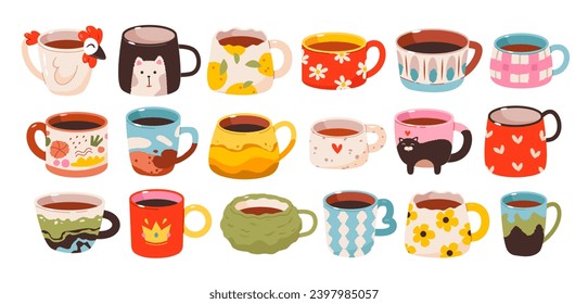 Cups of tea and coffee drinks set. Cute trendy hand drawn mugs with ornaments. Ceramic Crockery. Flat vector illustration isolated on white background.
