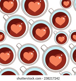 Cups with tea, coffee and heart inside. Seamless pattern.
