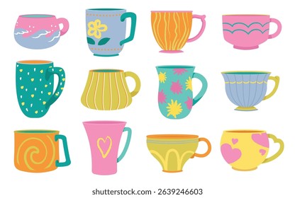 Cups for tea or coffee hot drinks with different trendy design and shapes isolated set on white background. Porcelain mugs, ceramic tableware utensils for beverage cartoon vector illustration
