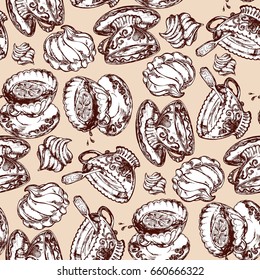Cups tea coffee marshmallow vintage random seamless pattern hand drawn vector