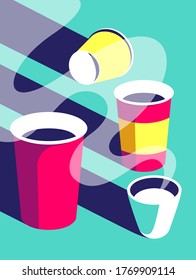 Cups with tea, coffee and milk, hot drinks with harsh shadows and contrasting light. Beautiful wavy fragrant steam. Flat illustration.