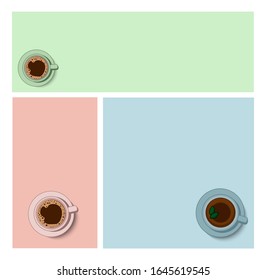 Cups with tea and coffee set of banners for shops and social media. Morning cafe or restaurant breakfast. Vector decoration wallpaper mock up social media highlights templates
