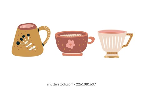cups with tea or coffee various set. Side view. Different ornaments. Hand drawn colored trendy vector illustration. Cartoon style. Flat design. Isolated Vector illustration.