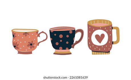 cups with tea or coffee various set. Side view. Different ornaments. Hand drawn colored trendy vector illustration. Cartoon style. Flat design. Isolated Vector illustration.