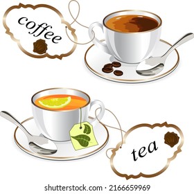 Cups with tea and coffee in vector illustration.Color vector illustration with tea and coffee in cups on a transparent background.