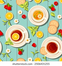 Cups of tea, cookies, lemons, raspberries, and herbs on a blue wooden background. Seamless pattern with tea, sweets, fruit, and herb. Vector top view background. Hand-drawn illustration, not AI