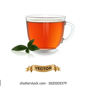 Cups of tea with green leaves on white background, realistic vector illustration