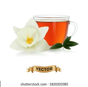 Tazas de té con hojas verdes sobre fondo blanco, ilustración vectorial realista