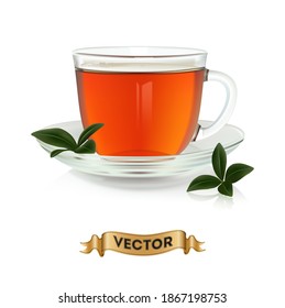 Cups of tea with green leaves on white background, realistic vector illustration