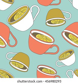 Cups of tea hand drawn seamless pattern. Doodle set of cup. Cartoon background vector