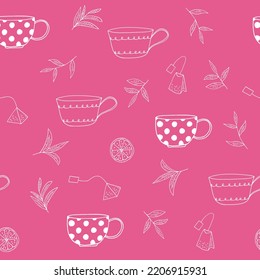 cups, tea leaves, tea bags, lemon slices seamless pattern hand drawn in doodle style. 