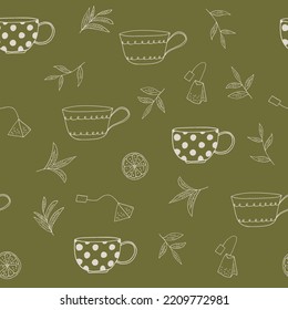 cups, tea leaves, tea bags, lemon slices seamless pattern hand drawn in doodle style. vector, minimalism, monochrome, scandinavian. wallpaper, wrapping paper, textiles, background.