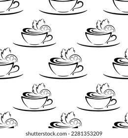 Cups of tea with mint and lemon. Balck line art on white background vector seamless pattern. Best for textile, cafe decor, wallpapers, wrapping paper, package and web design.