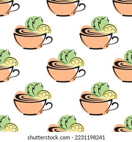 Cups of tea with mint and lemon  on white background vector seamless pattern. Best for textile, cafe decor, wallpapers, wrapping paper, package and web design.
