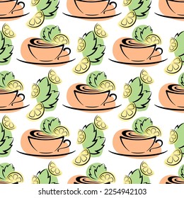 Cups of tea with mint and lemon  on white background vector seamless pattern. Best for textile, cafe decor, wallpapers, wrapping paper, package and web design.