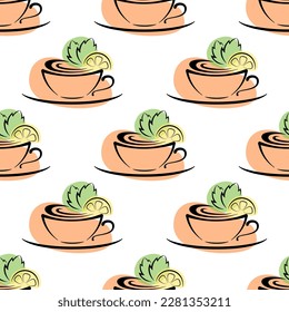 Cups of tea with mint and lemon vector seamless pattern. Doodle elements on white background. Best for textile, cafe decor, wallpapers, wrapping paper, package and web design.