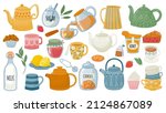 Cups with tea, mugs, desserts, sweets, pastry and ceramic teapots. Breakfast leaf drink. Kettle pouring hot beverage. Tea party vector set. Jar with cookies, plate with lemons and bottle with milk