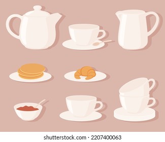 Cups with tea, mugs, desserts, sweets, party, and ceramic teapots with silhouettes isolated on background.