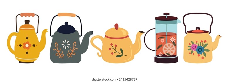 Cups with tea, mugs, desserts, sweets, pastry and ceramic teapots. Breakfast leaf drink. Kettle pouring hot beverage. Tea party vector set. Jar with cookies, plate with lemons and bottle with milk
