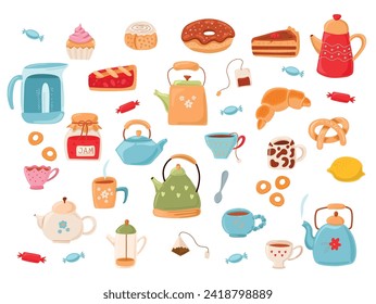 Té, tazas, postres, dulces, pastelería y tetera de cerámica. Bebida de té para el desayuno. Un hervidor para verter una bebida caliente. Un conjunto de vectores para beber té. Pastel, tarta, bagels, pretzels, limón