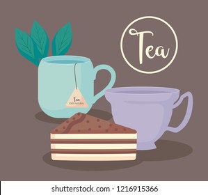 cups tea natural with slice cake