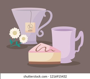 cups tea natural with slice cake