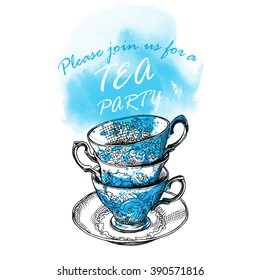 Cups for tea on blue background. Vector illustration.