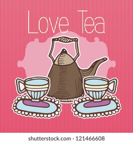 Cups of Tea on pink striped background