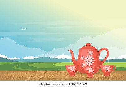 Cups of Tea on Table in Outdoor Nature Landscape Sky View Illustration