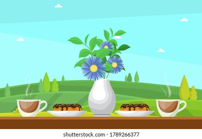 Cups of Tea on Table in Outdoor Nature Landscape Sky View Illustration