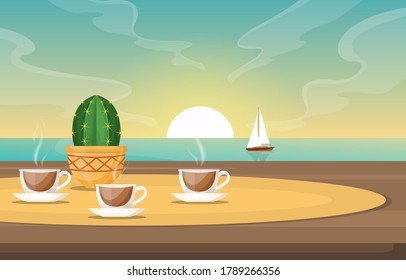 Cups of Tea on Table in Sea View Sunset Sailing Boat Illustration