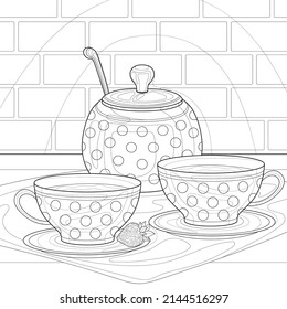 Cups of tea, sugar bowl, dishes, tablecloth, strawberry, brick wall. Interior illustration on a white isolated background. Ceramics. For coloring book pages.