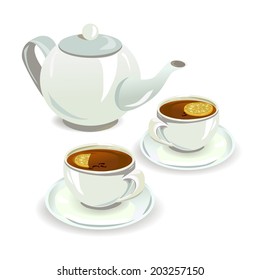 cups with tea and teapot. vector illustration