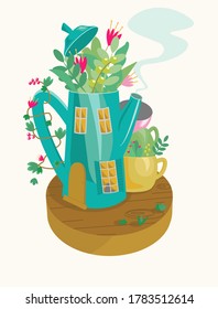 Cups, teapot in a flat style. Tea ceremony vector illustration. Beautiful teapot house. 