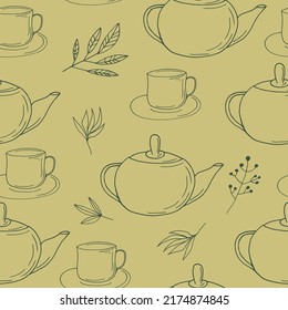 cups, teapot and leaves seamless pattern. hand drawn doodle. 