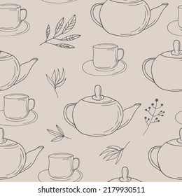 cups, teapot and leaves seamless pattern. 