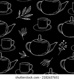 cups, teapot and leaves seamless pattern. hand drawn doodle. 