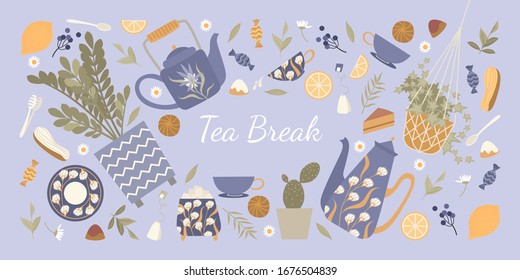 Cups, teapot and other accessories and sweets in a flat style. Tea ceremony vector banner with different elements of food, dishes and house plants on a blue background.