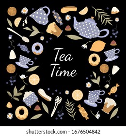 Cups, teapot and other accessories and sweets in a flat style. Tea ceremony vector banner with different elements on a black background.