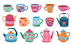 Cups And Teapot. Scandinavian Kitchen Cup, Trendy Colored Coffee Mug Kettles. Floral Ornaments Crockery, Breakfast Dishes Exact Vector Set