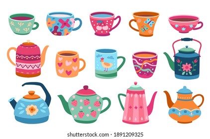 Cups and teapot. Scandinavian kitchen cup, trendy colored coffee mug kettles. Floral ornaments crockery, breakfast dishes exact vector set