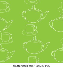 cups and teapot seamless pattern. hand drawn doodle. wallpaper, tablecloth, menu, wrapping paper, textiles, fabric. vector, dishes kitchen tea coffee drinks