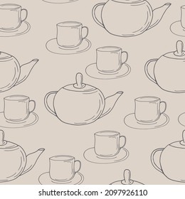 cups and teapot seamless pattern. hand drawn doodle vector. wallpaper, tablecloth, menu, wrapping paper, textiles, fabric. scandinavian, nordic, dishes, kitchen, tea, coffee, drinks