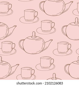 cups and teapot seamless pattern. hand drawn style