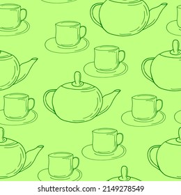 cups and teapot seamless pattern. hand drawn in doodle style. wallpaper, tablecloth, menu, wrapping paper, textiles, fabric. vector. dishes, kitchen, tea, coffee, drinks.