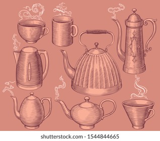 Cups, teapots and a coffee pot with hot tea and coffee. Design set. Hand drawn engraving. Editable vector vintage illustration. Isolated on color background. 8 EPS 