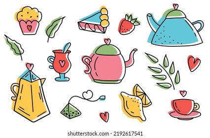 Cups, teapots, cupcakes. Super cute set of Tea and Sweets icons - kettle, tea leaves, cake, muffin and other tasty food. Hand drawn Smiley characters about tea and desserts. Tea Time collection.