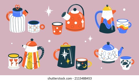 Cups and teapots. Cute patterned kettles, ceramic cups, different design funny crockery, hot drinks mug, cozy porcelain products, kitchen pottery tableware, vector cartoon isolated set